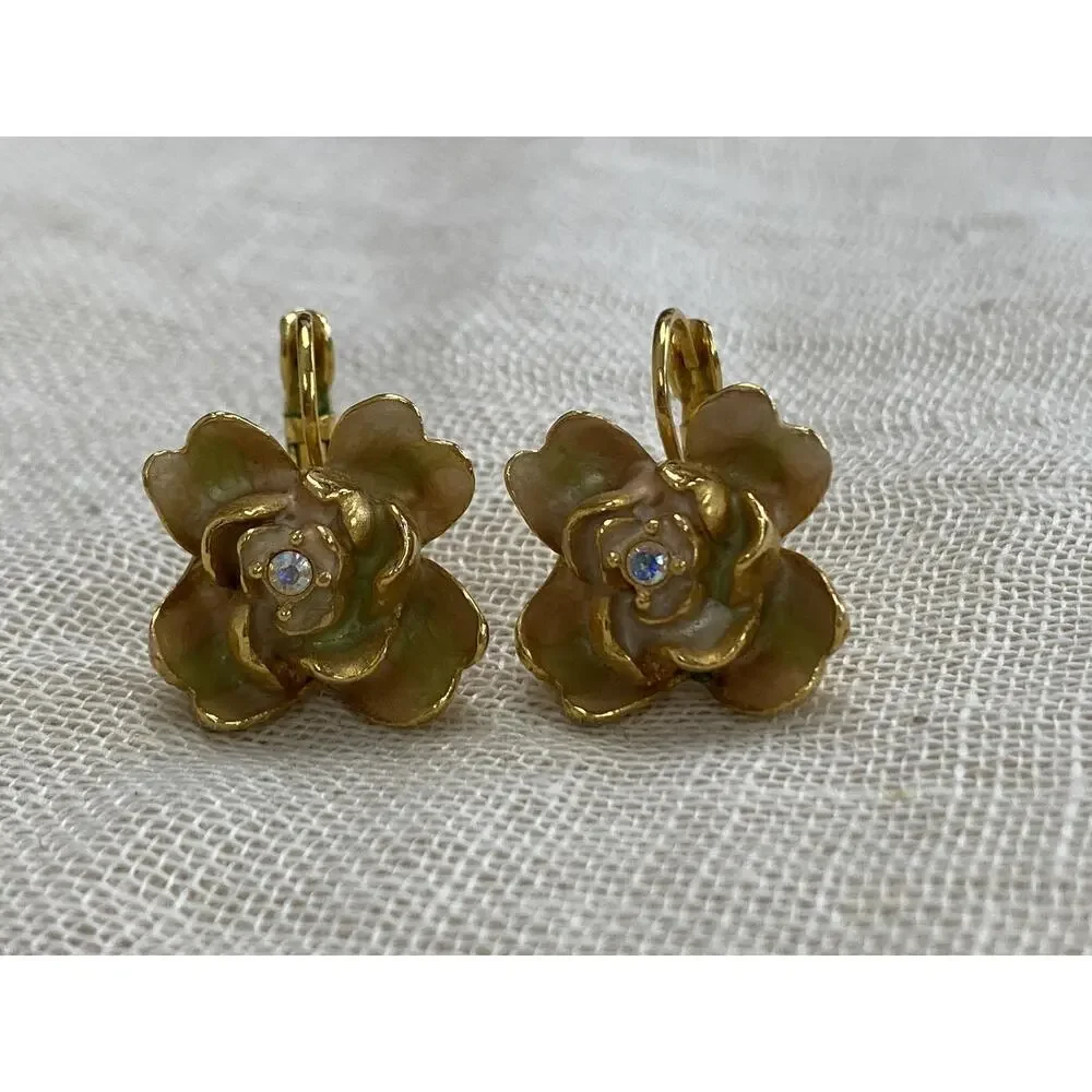 Joan Rivers Earrings Gold Tone Pastel Enamel Flower Dangle Drop Vintage‎ Y2K